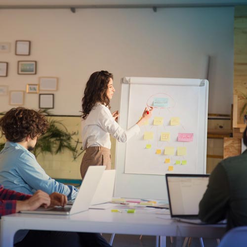 A woman standing at a whiteboard in front of three other people.