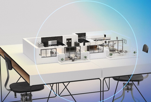 A computer rendering of an office space on top of a table.