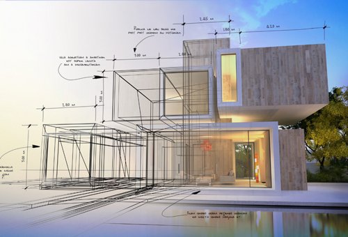 A drawing of a house with some lines drawn on it