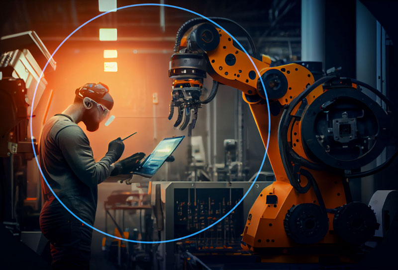 A man in an industrial setting using his tablet.