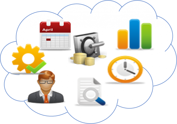 A cloud with various icons of different business related items.