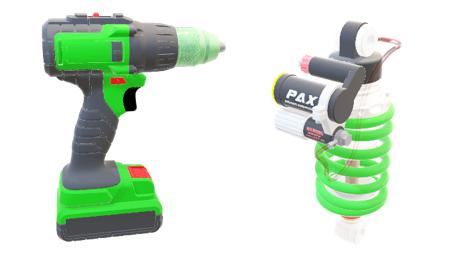 A green drill and some batteries on top of a white background.