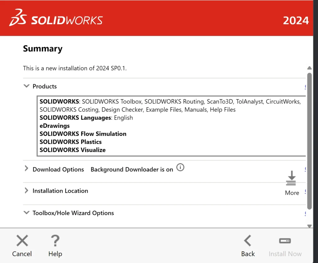 A screen shot of the solidworks installation wizard.