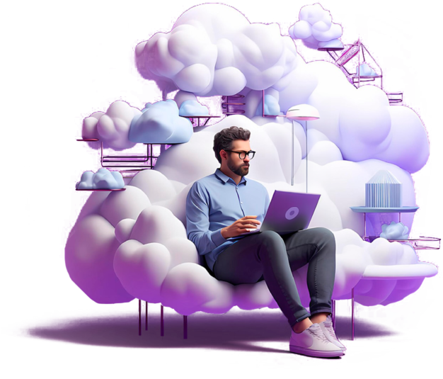 A man sitting on top of a cloud with a laptop.