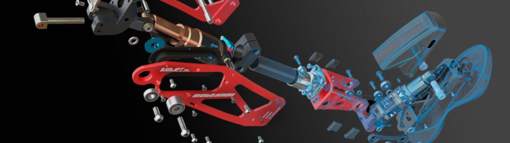A red bicycle with many parts on it