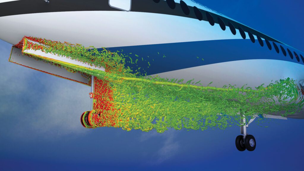 A computer rendering of an airplane flying in the sky.